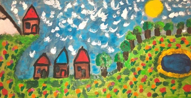 Obrazek konkursowy, krajobraz, domki, niebo łąka