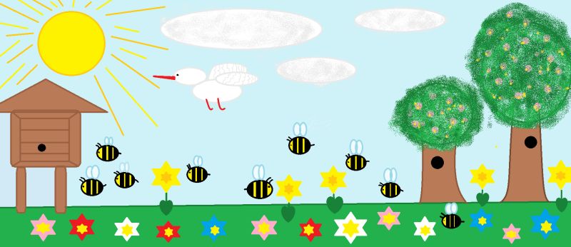 Sandra Maka 10lat chelmek praca konkursowa - niebo, chmury, słonce, ule, pszczoły i drzewa