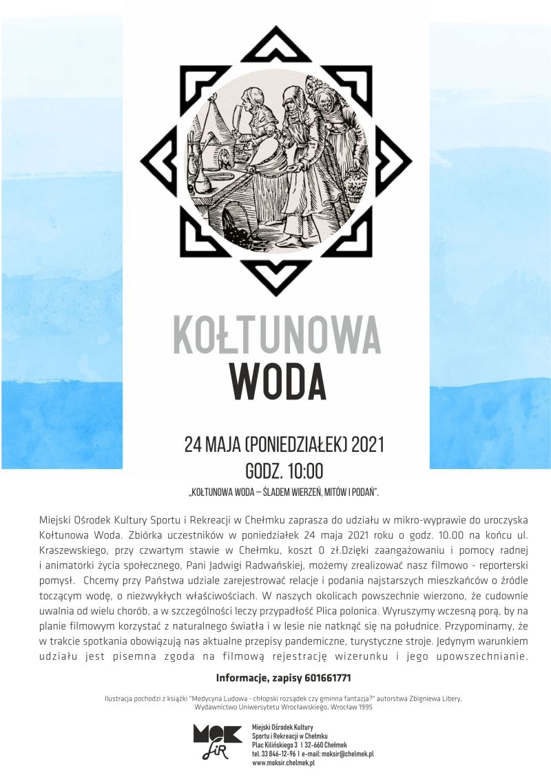 stara rycina przedstawiająca kobiety zielarki na tle niebieskiej akwareli